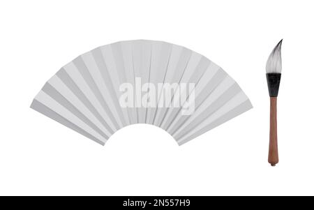 Uralter chinesischer Pinsel und Ventilator, 3D-Rendering. Digitale Zeichnung. Stockfoto