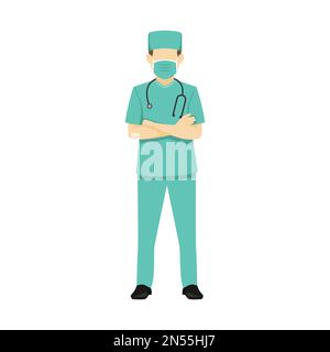 Chirurg Stehend Witharms Crossed Flat Design Vector Illustration Stock Vektor