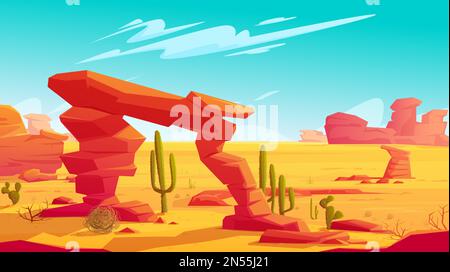 Wüstenbogen auf natürlichem Hintergrund der heißen Wüstenlandschaft mit gelbem Sand und trockenem Fallweed, rote Berge, blauer Himmel mit hellen Wolken und grünen Kakteen, wildes West-Cartoon-Banner Stock Vektor