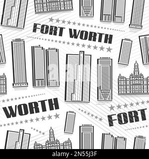 Vector Fort Worth Seamless Pattern, quadratischer, sich wiederholender Hintergrund mit Illustration der berühmten amerikanischen Stadtlandschaft auf weißem Hintergrund für Geschenkpapier Stock Vektor