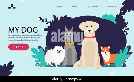 Cartoon-Hunde-Banner-Landing-Page. spitz, französischer Mastiff, labrador Stock Vektor