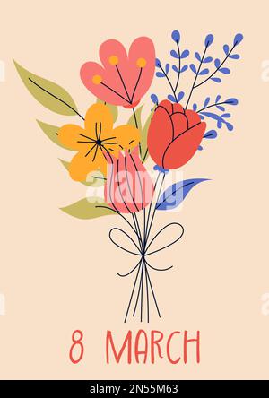 8. märz, Internationaler Frauentag. Grußkarten- oder Postkartenvorlagen mit Blumenstrauß für Karte, Poster, Flyer. Mädchenkraft, Feminismus Stock Vektor