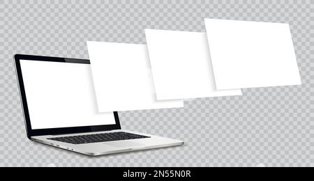 Laptop-Modell mit leeren, isolierten Seiten mit Drahtdarstellung auf transparentem Hintergrund. Konzept zur Präsentation von Webdesign-Projekten. Stock Vektor