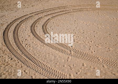 Fußabdruck von Autoreifen und Radspur auf Sand in Wüstenstrand auf feinem Sand der Wüstendüne Stockfoto