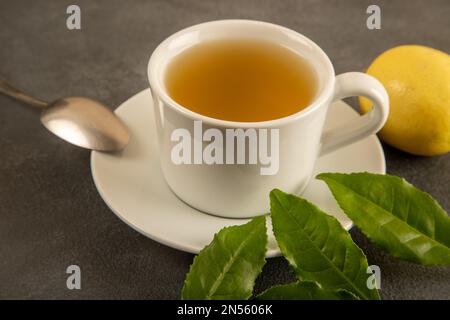 Eine Tasse grünen Tee, Teeblätter und Zitronen, auf schwarzem Hintergrund Stockfoto
