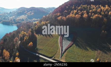 Vogelperspektive eines herzförmigen Gartens auf einem Hügel, umgeben von Bäumen in Bieszczady, Polen. Hochwertiges Foto Stockfoto