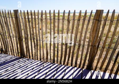 Hölzerne Schutzbarriere der Düne, die zum Strandsteg am atlantischen Ozean in Jard sur Mer in frankreich führt Stockfoto