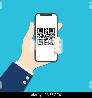 Hand mit Telefon, das qr-Code scannt. Flache Darstellung. Stock Vektor