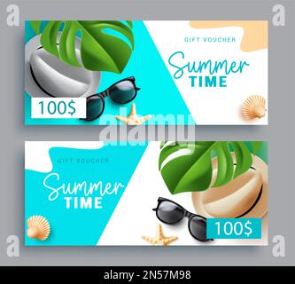 Vektorset-Design für die Sommerzeit. Gutschein für Sommergeschenke und Einkaufen mit Gutscheinen für Strandelemente. Sammlung von Rabattkarten zur Vektordarstellung. Stock Vektor