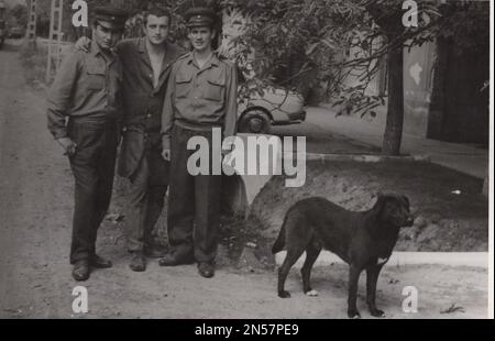 Vintage-Foto mit Freunden und Hündchen / Vintage-Erinnerung / gute alte Zeiten / beste Freunde Stockfoto