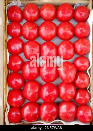 Eine Gruppe Tomaten in einer Holzkiste Stockfoto