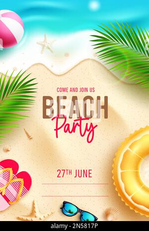 Sommer Strandparty Vektordesign. Einladungskarte zur Strandparty für Sommerferien. Einladungskarte zur Sommerparty mit Vektorbild. Stock Vektor