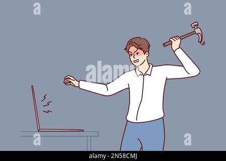 Ein aggressiver Mann zertrümmert den Laptop-Bildschirm mit einem Hammer, weil er durch aufdringliche Anzeigen das Surfen im Internet behindert. Der Typ bricht den Computer nach einem Softwarekollaps oder einer schlechten E-Mail-Nachricht Stock Vektor