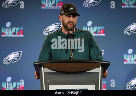 Nick Sirianni, Cheftrainer der Philadelphia Eagles, spricht auf einer Pressekonferenz im Sheraton Grand am Wild Horse Pass in Phoenix, Arizona. Bilddatum: Mittwoch, 8. Februar 2023. Der Super Bowl LVII findet am Sonntag, den 12. Februar 2023 zwischen den Kansas City Chiefs und den Philadelphia Eagles statt. Stockfoto