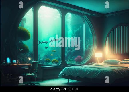 Unterwasser-Illustration futuristische Inneneinrichtung. Kreatives Konzept. Zukünftige Architektur. kombination aus 3D-Rendering und Foto. Stockfoto