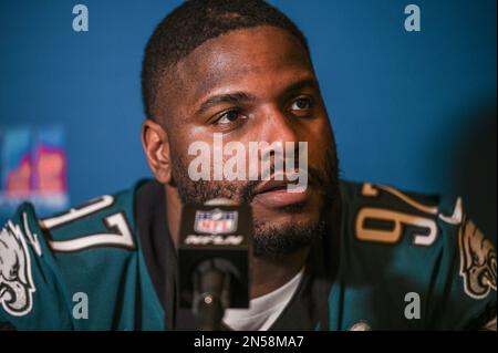 Philadelphia Eagles Defensive Tackle Javon Hargrave spricht auf einer Pressekonferenz im Sheraton Grand am Wild Horse Pass in Phoenix, Arizona. Bilddatum: Mittwoch, 8. Februar 2023. Der Super Bowl LVII findet am Sonntag, den 12. Februar 2023 zwischen den Kansas City Chiefs und den Philadelphia Eagles statt. Stockfoto