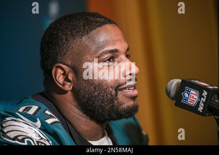 Philadelphia Eagles Defensive Tackle Javon Hargrave spricht auf einer Pressekonferenz im Sheraton Grand am Wild Horse Pass in Phoenix, Arizona. Bilddatum: Mittwoch, 8. Februar 2023. Der Super Bowl LVII findet am Sonntag, den 12. Februar 2023 zwischen den Kansas City Chiefs und den Philadelphia Eagles statt. Stockfoto