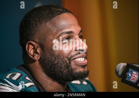 Philadelphia Eagles Defensive Tackle Javon Hargrave spricht auf einer Pressekonferenz im Sheraton Grand am Wild Horse Pass in Phoenix, Arizona. Bilddatum: Mittwoch, 8. Februar 2023. Der Super Bowl LVII findet am Sonntag, den 12. Februar 2023 zwischen den Kansas City Chiefs und den Philadelphia Eagles statt. Stockfoto