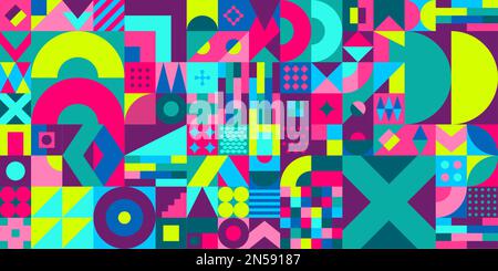 Trendiges, Farbenfrohes, Nahtloses, Abstraktes Vector Bauhaus Geometrisches Muster-Design Stock Vektor