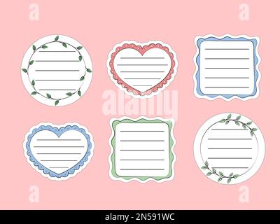 Packung mit Haftnotizen und Aufklebern. Vektordarstellung niedlicher handgezeichneter Notizen. Sticky Blanks für Erinnerungen, Aufgabenliste, Planer, Zeitplan. Rund, quadratisch und Stock Vektor