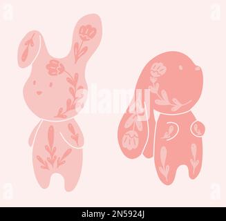 Vektorset niedlicher dekorierter Kaninchen. Kollektion mit rosa Cartoon-Hasen mit Blumenmuster. Tiere für Kinderzimmer, Postkarten und Sublimation Stock Vektor