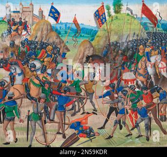 SCHLACHT VON CRECY 26. August 1346 wie in Jean Froissarts „Chronicles“ gezeigt Stockfoto