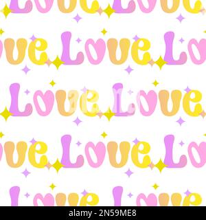 Nahtloses Muster mit Love-Text in rosa-gelber Farbe im Groovy-Stil auf weißem Hintergrund Stock Vektor