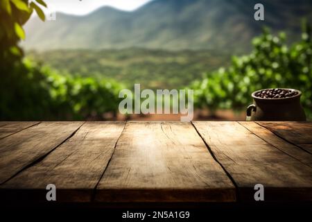 Leerer Holztisch vor dem Hintergrund einer Kaffeeplantage Stockfoto