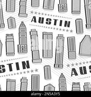 Vector Austin Seamless Pattern, quadratischer Wiederholungshintergrund mit Illustration der berühmten Austin Stadtlandschaft auf weißem Hintergrund für Geschenkpapier, Monochr Stock Vektor