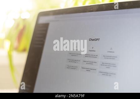 Kiew, Ukraine - 08. Februar 2023 ChatGPT auf Computer. Chat GPT ist ein KI-Chatbot mit künstlicher Intelligenz, der von OpenAI gestartet wurde Stockfoto