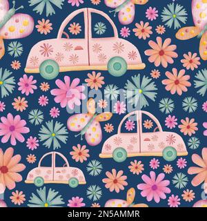 Autos, Schmetterlinge und Blumen Retro-Aquarell-Illustration nahtlose Wiederholungsmuster auf dunkelblauem Hintergrund Stockfoto