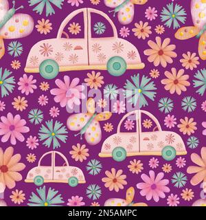 Autos, Schmetterlinge und Blumen Retro-Aquarell-Illustration Nahtloses Wiederholungsmuster auf pinkfarbenem Hintergrund Stockfoto