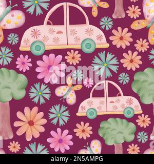 Autos, Schmetterlinge, Bäume und Blumen Retro-Aquarell-Illustration nahtlose Wiederholungsmuster auf pinkfarbenem Hintergrund Stockfoto