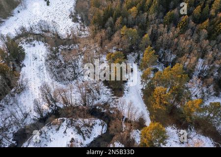Vogelperspektive aus der Vogelperspektive mit verschneiten Kiefern in Europa, Blick aus der Vogelperspektive auf die Wintersaison mit goldenem Sonnenuntergang. Ländliche Landschaft Stockfoto