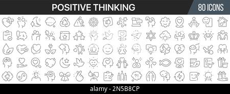Icons für positive Denklinien. Große UI-Symbolgruppe in flachem Design. Symbolpaket mit dünnen Umrissen. Vektordarstellung EPS10 Stock Vektor