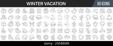 Winter Vacation Line Icons Kollektion. Große UI-Symbolgruppe in flachem Design. Symbolpaket mit dünnen Umrissen. Vektordarstellung EPS10 Stock Vektor
