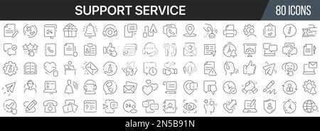 Symbolsammlung für Support-Service-Zeilen. Große UI-Symbolgruppe in flachem Design. Symbolpaket mit dünnen Umrissen. Vektordarstellung EPS10 Stock Vektor