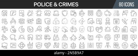 Ikonensammlung der Polizei- und Kriminalpolizei. Große UI-Symbolgruppe in flachem Design. Symbolpaket mit dünnen Umrissen. Vektordarstellung EPS10 Stock Vektor