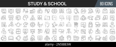 Symbolsammlung für Studium und Schullinie. Große UI-Symbolgruppe in flachem Design. Symbolpaket mit dünnen Umrissen. Vektordarstellung EPS10 Stock Vektor