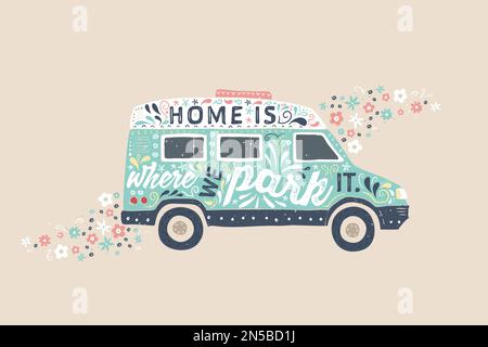 Schöne, farbenfrohe handgezeichnete Schriftzeichen in einer Campervan-Silhouette. Ideal für Vanlife-Textilien, Tassen, Poster, Karten, Banner. Stock Vektor