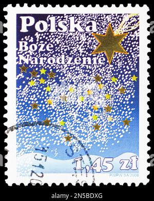 MOSKAU, RUSSLAND - 4. FEBRUAR 2023: In Polen gedruckte Briefmarken zeigen Weihnachten, Serie, um 2008 Stockfoto