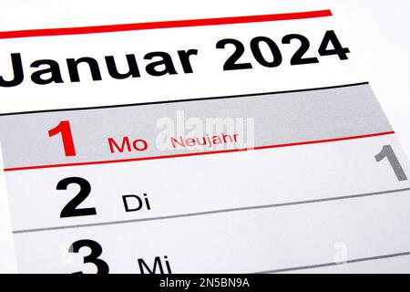 Jahreskalender 2024 auf Deutsch, Neujahr Stockfoto