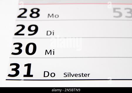 Jahreskalender 2015 auf Deutsch, sylvester, Dezember 31. Stockfoto