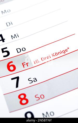 Jahreskalender 2017 auf Deutsch, Epiphanie, Januar 6. Stockfoto