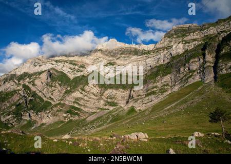 Blick auf die Saentis von Schwaegalp am Nachmittag, Ostschweiz, Schweiz Stockfoto