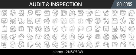 Symbolsammlung für Prüfungs- und Prüflinien. Große UI-Symbolgruppe in flachem Design. Symbolpaket mit dünnen Umrissen. Vektordarstellung EPS10 Stock Vektor