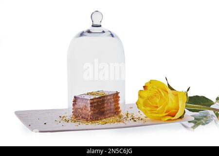 Schokoladenkuchen mit Walnüssen und Pistazien isoliert auf weißem Hintergrund. Gebäck aus hausgemachter Bäckerei Stockfoto