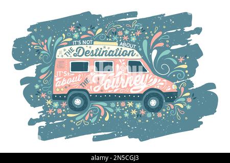 Schöne, farbenfrohe handgezeichnete Schriftzeichen in einer Campervan-Silhouette. Ideal für Vanlife-Textilien, Tassen, Poster, Karten, Banner. Stock Vektor