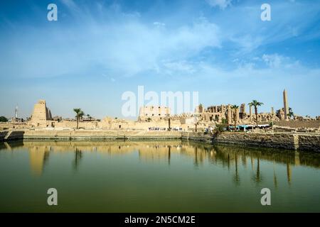 Der heilige See von Amun am Karnak-Tempel, östliches Ufer des Nils, Luxor, Gouvernement Luxor, Ägypten Stockfoto