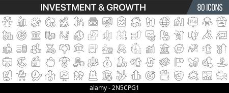 Symbolsammlung für Investment and Growth Line. Große UI-Symbolgruppe in flachem Design. Symbolpaket mit dünnen Umrissen. Vektordarstellung EPS10 Stock Vektor
